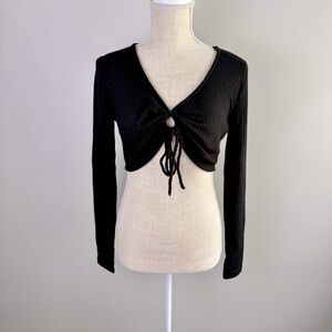 Elodie Front Tie Waffle Knit Black Long Sleeve Crop Top